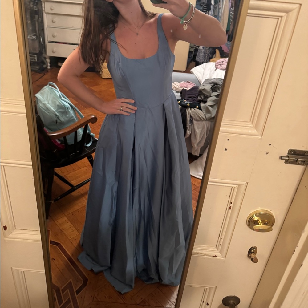 Elegant Blue Satin A-Line Evening Dress AZAZIE NEW 8 - Picture 2 of 2
